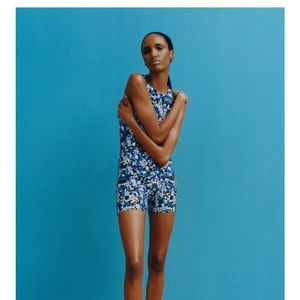 Zara blue floral romper with zipper and high neck